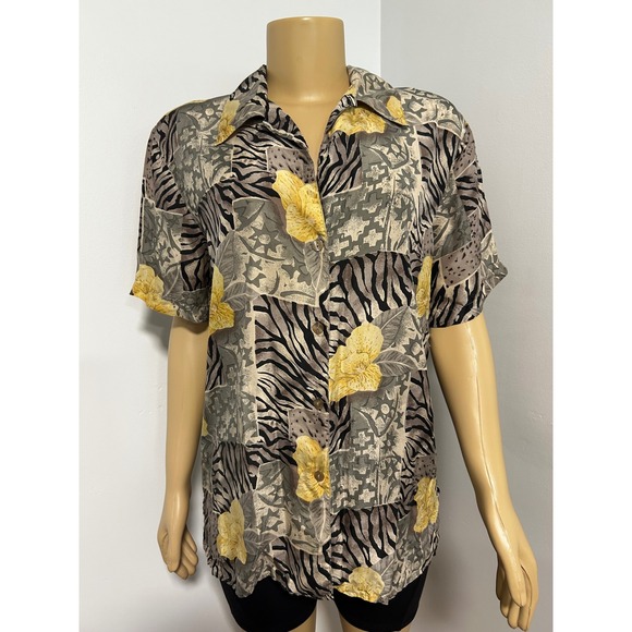 Dress Barn Tops - Dress Barn Vintage 100% Silk Zebra Floral Print Button Down Blouse Grey Yellow M